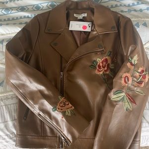 NWT Leather Jacket with Rose Embroidery